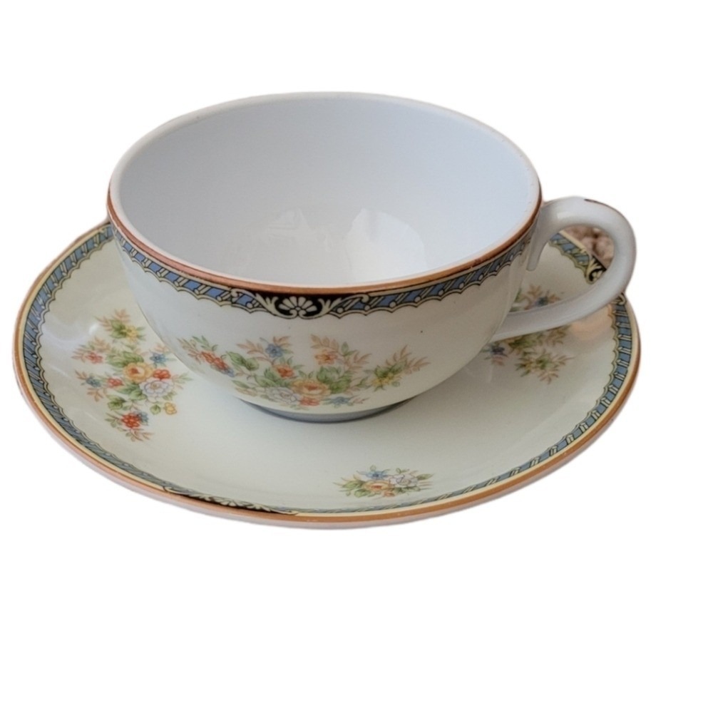 Rose China Japan Vintage Floral Tea Cup and‎ Saucer Set Blue Gold Border
